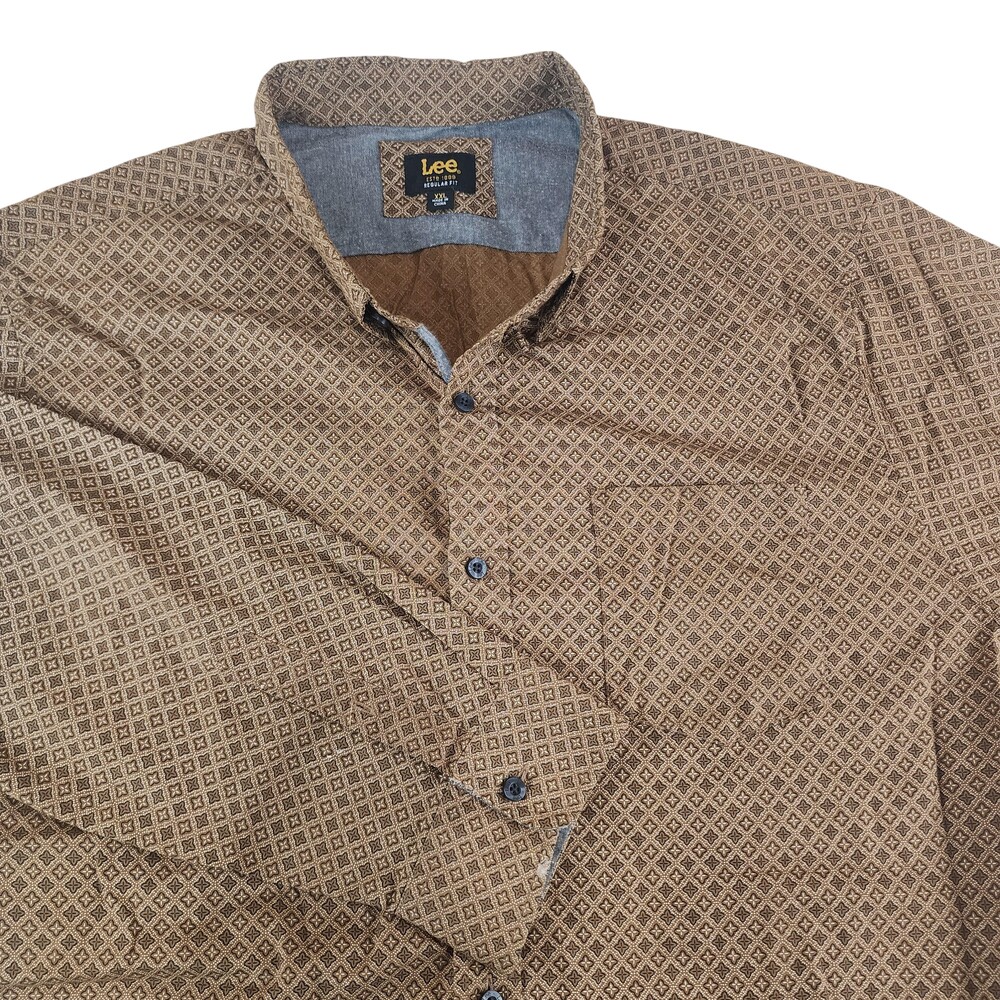 Lee Shirt Mens 2XL Brown Geometric Print Button Up Long Sleeve Cotton Casual